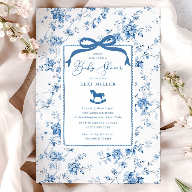 Invitación Baby Shower Blue Toile Rocke Horse (Subido por el creador)