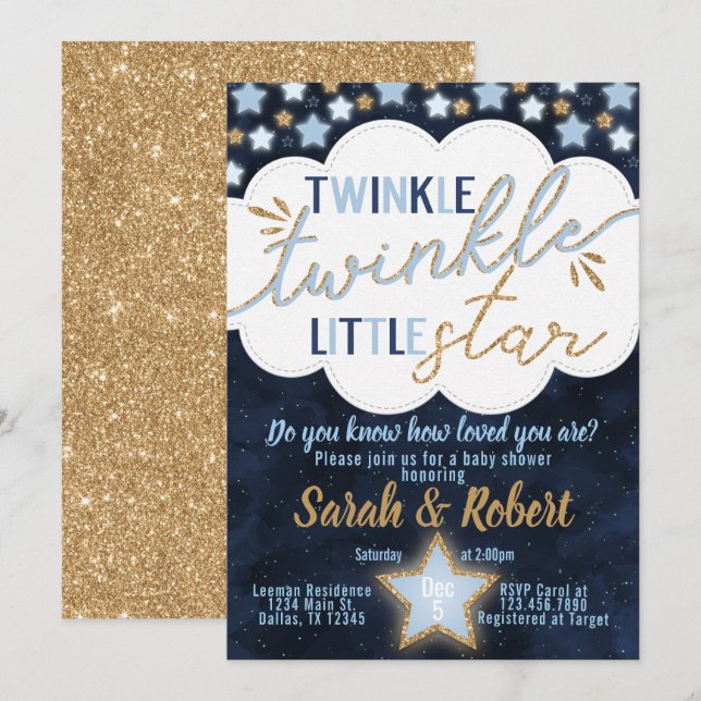 Invitación Baby Shower Blue Twinkle Little Star (Anverso / Reverso)