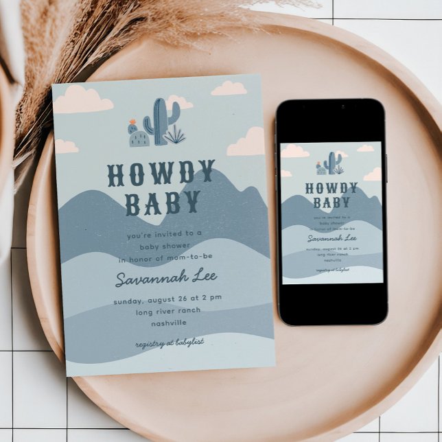 Invitación Baby Shower Blue Western Desert Cactus (Desert themed baby shower invitation with cute cactus illustrations)