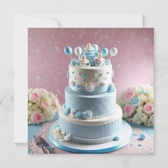 INVITACIÓN BABY SHOWER, BLUE & WHITE CAKE CON PACIFIERS (Anverso)