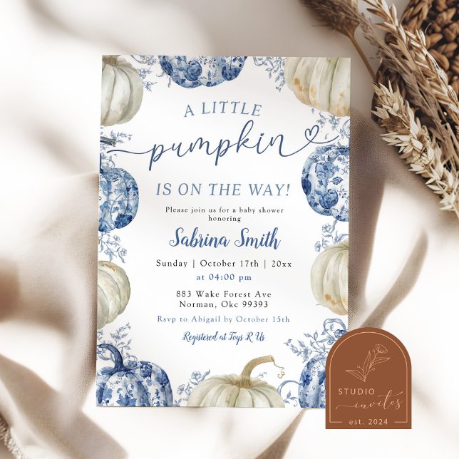 Invitación Baby Shower Blue White Chinoiserie Pumpkin Fall (Subido por el creador)