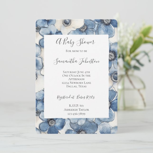 Invitación Baby Shower Blue White Denim Flowers (Anverso de pie)