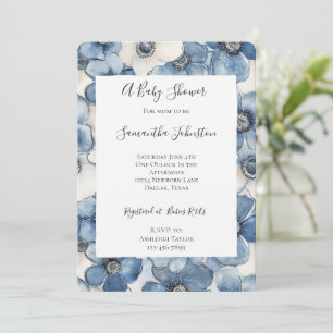 Invitación Baby Shower Blue White Denim Flowers