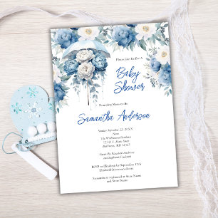 Invitación Baby Shower Blue White Floral Umbrella Boy