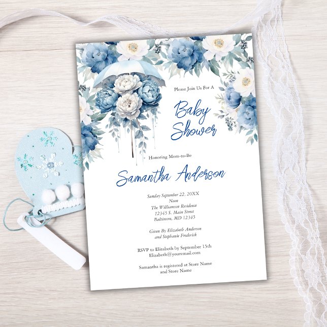 Invitación Baby Shower Blue White Floral Umbrella Boy (Dusty Blue White Floral Baby Shower Umbrella Baby Boy Baby Shower Invitation)