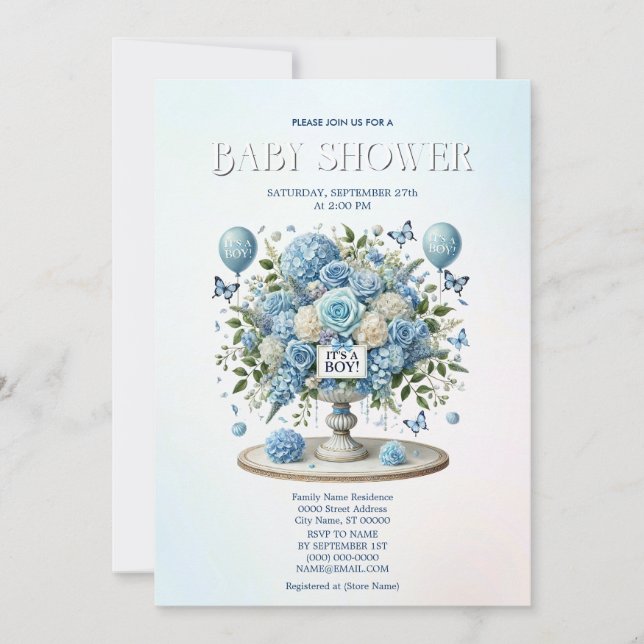 Invitación Baby Shower Blue White Floral Vase (Anverso)