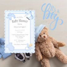 Invitación Baby Shower Blue White Gingham Boy