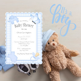 Invitación Baby Shower Blue White Gingham Boy