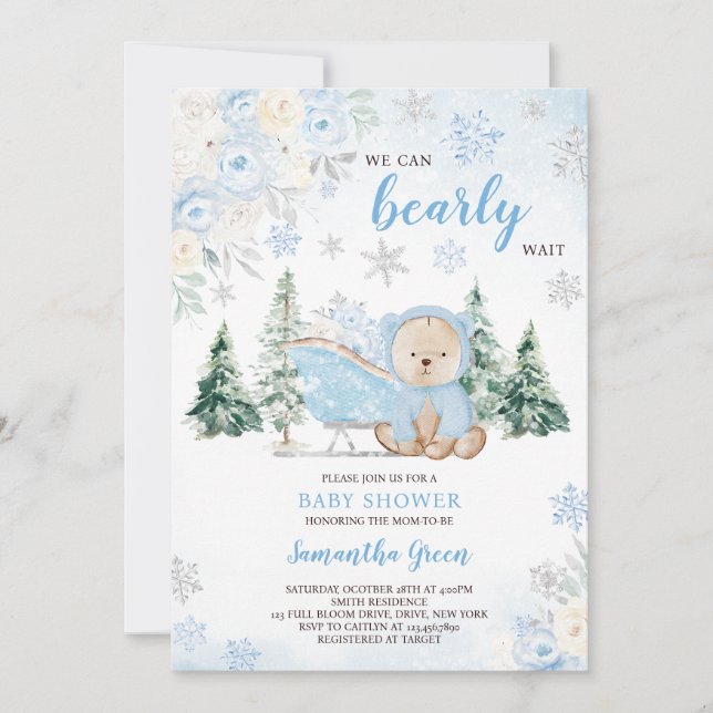 Invitación Baby Shower Blue Winter Bear (Anverso)
