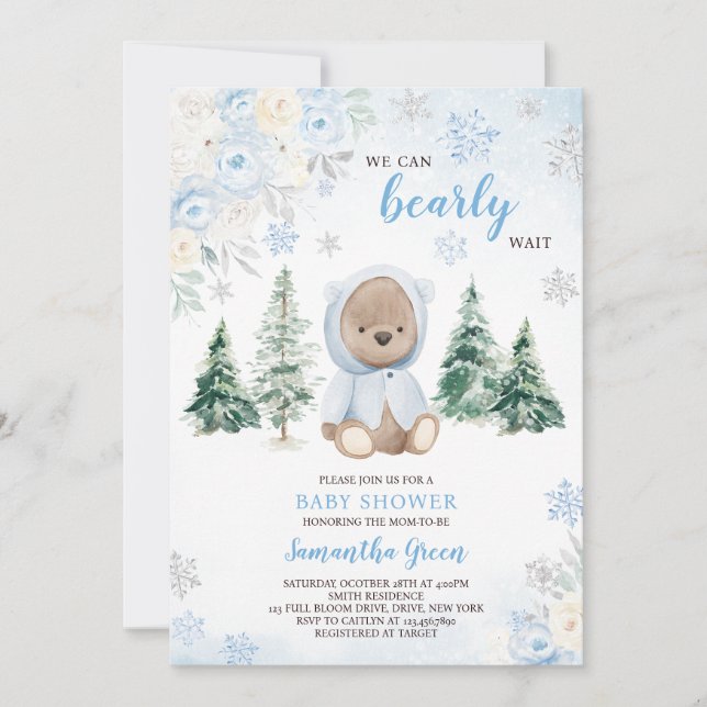Invitación Baby Shower Blue Winter Bear (Anverso)