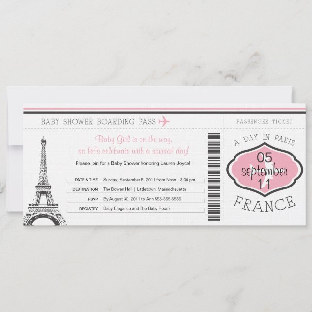 Invitación Baby Shower Boarding Pass a París (Anverso)