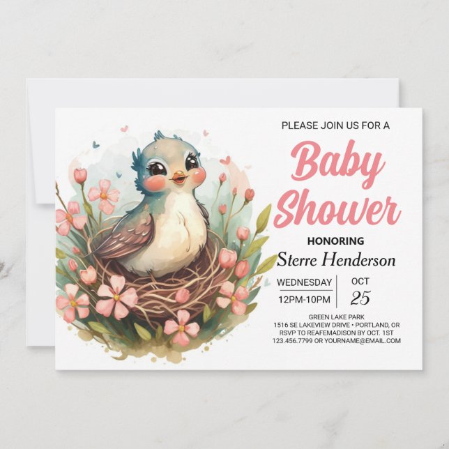 Invitación Baby Shower Bohemian Pájaro Elegante Rosa (Anverso)