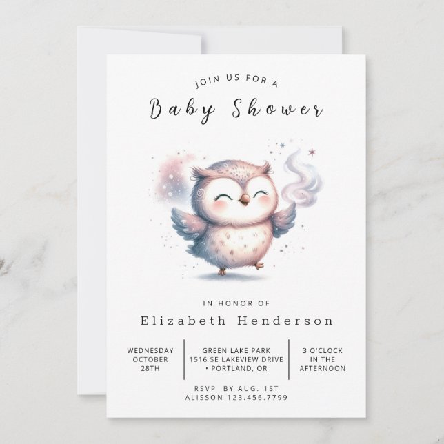 Invitación Baby Shower Bohemian Simple Owl (Anverso)