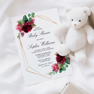 Invitación Baby Shower bohemiano floral borgoña