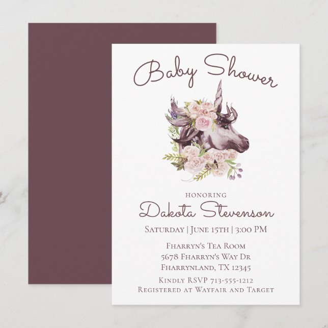 Invitación Baby Shower bohemiano unicornio | Wine Boho Floral (Anverso / Reverso)
