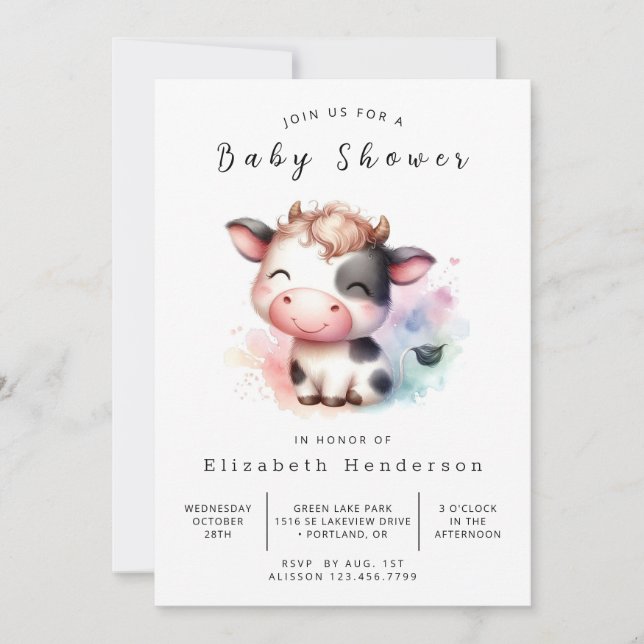 Invitación Baby Shower bohemio rústico simple de vaca (Anverso)