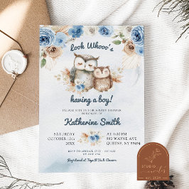 Invitación Baby Shower Boho Blue Floral Owl