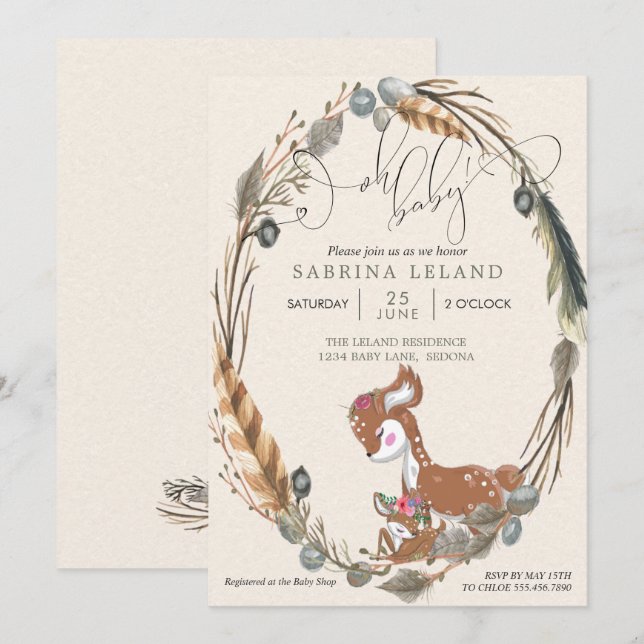 Invitación BABY SHOWER BOHO Deer y Fawn (Anverso / Reverso)