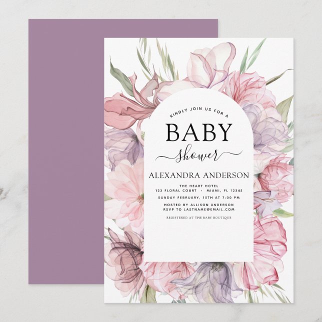 Invitación Baby Shower Boho Dusty Pink Purple (Anverso / Reverso)