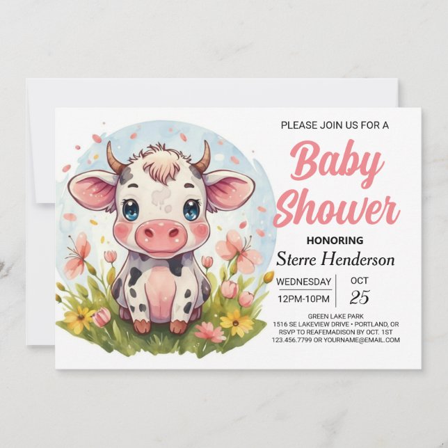 Invitación Baby Shower Boho elegante de vaca digital (Anverso)