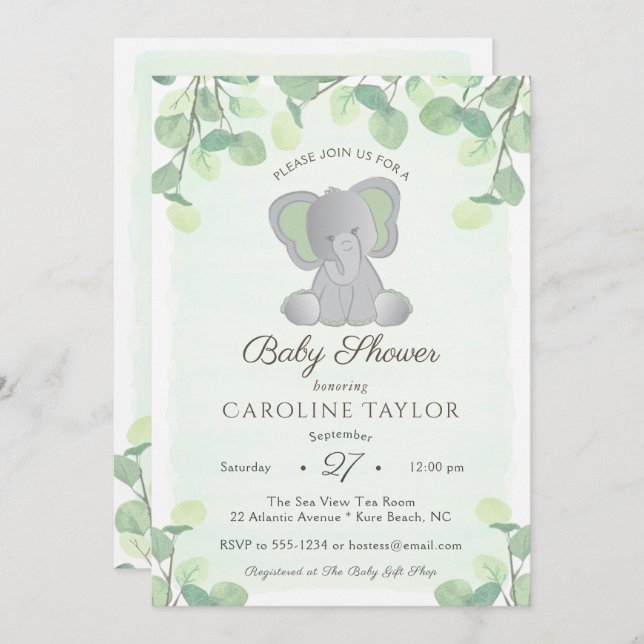 Invitación Baby Shower Boho Elephant Watercolor Greenery (Anverso / Reverso)