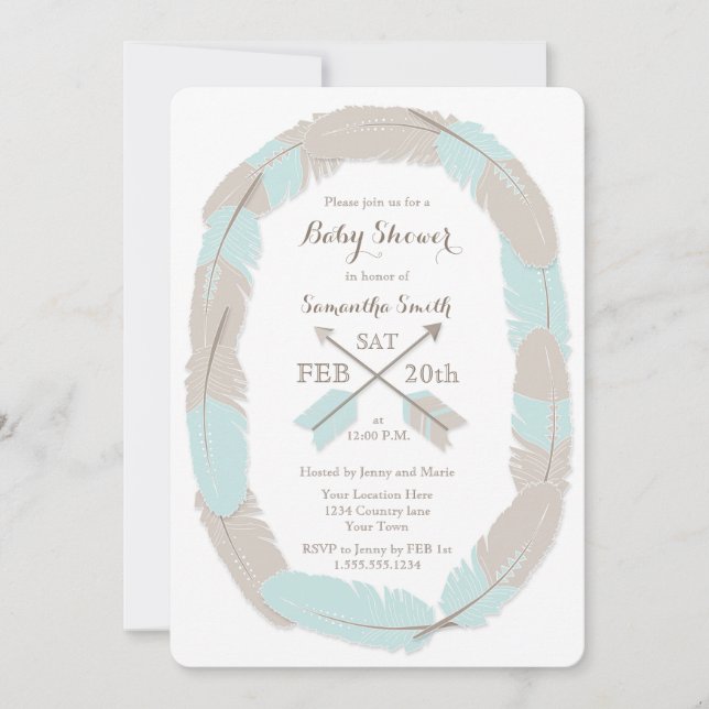 Invitación Baby Shower Boho Feather y Arrow Blue (Anverso)