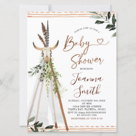 Invitación Baby Shower Boho Greneery Animal Skull Teepee