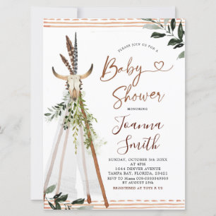Invitación Baby Shower Boho Greneery Animal Skull Teepee