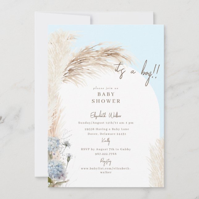 Invitación Baby Shower Boho Icy Blue Pampas (Anverso)