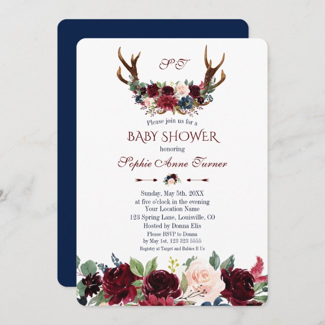 Invitación Baby Shower Boho Merlot Navy Blue Floral Antlers (Anverso / Reverso)