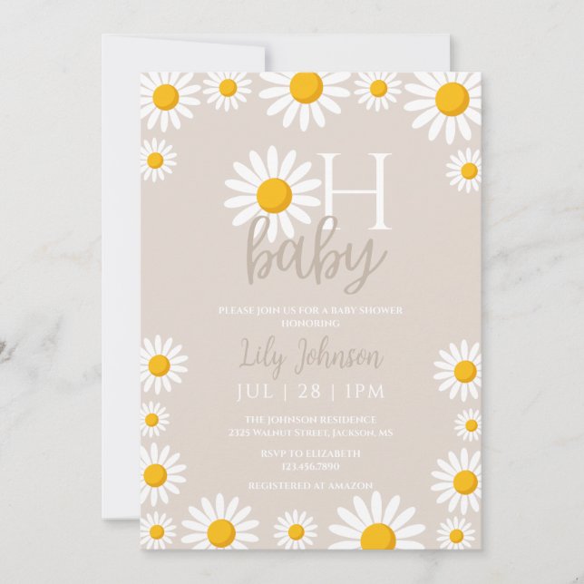 Invitación Baby shower boho neutral Oh Baby Daisy (Anverso)