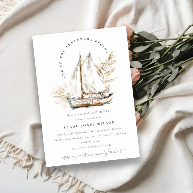 Invitación Baby Shower Boho Palm Sailboat Seascape (Subido por el creador)