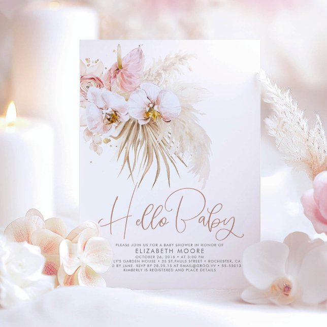Invitación Baby Shower Boho Pampas Grass and Tropical Flowers (Blush Pink Floral Baby Shower Invitation)