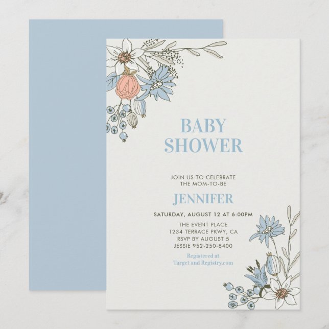 Invitación Baby Shower Boho Primavera Floral Azul (Anverso / Reverso)