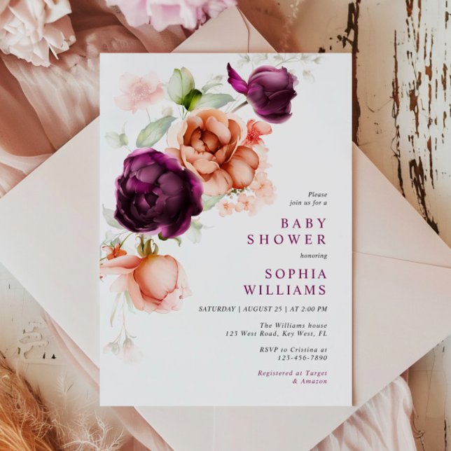 Invitación Baby Shower Boho Purple & Peach Flowers (Subido por el creador)