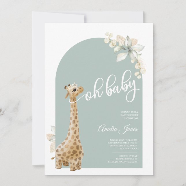 Invitación Baby Shower Boho Sage Green Pampas Grass Giraffe (Anverso)