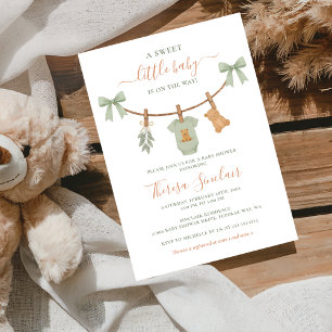 Invitación Baby Shower Boho Verde Menta Ropa Tendida