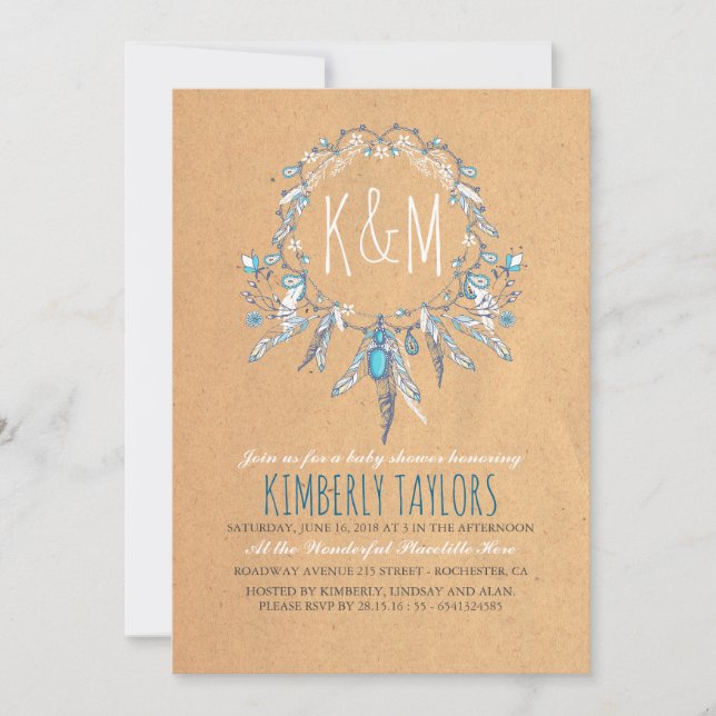 Invitación Baby Shower Boho Vintage Dreamcather (Anverso)