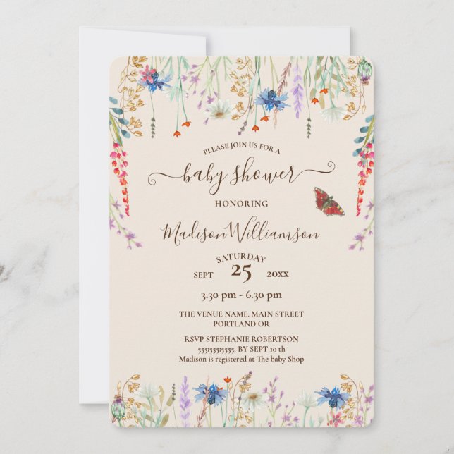 Invitación Baby Shower Boho Wildflower Meadow y mariposa (Anverso)
