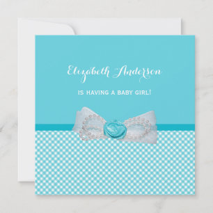 Invitación Baby Shower Bonito Aqua Gingham Cute Blue Bow