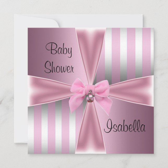 Invitación Baby Shower Bonito Satin Pink Silver Stristripe Bo (Anverso)