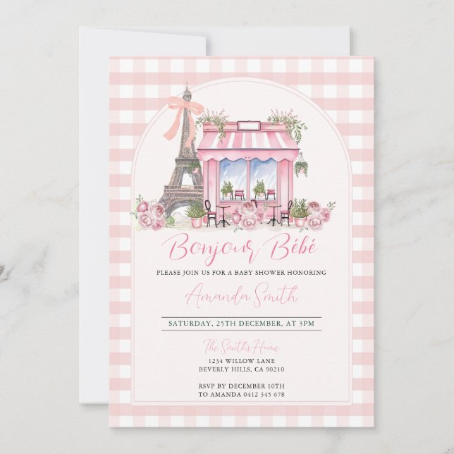 Invitación Baby Shower Bonjour Bebe de París francés (Anverso)