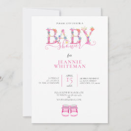 INVITACIÓN BABY SHOWER, BOOTES DE COLOR ROSA, FLORES DE COLOR