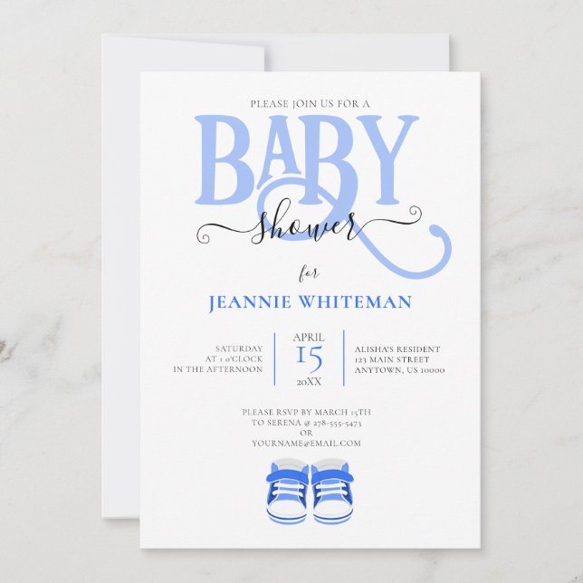 INVITACIÓN BABY SHOWER, BOOTIES AZULES, TIPOGRAFÍA AZUL (Anverso)