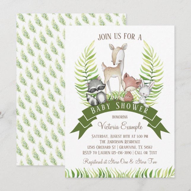 Invitación Baby Shower Bosque Animal Verde Niño (Anverso / Reverso)