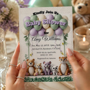 Invitación Baby Shower Bosque Animal Verde y Lavanda