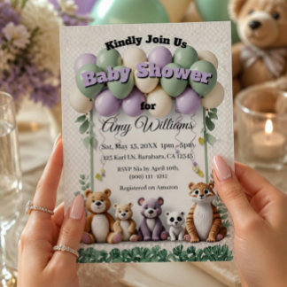 Invitación Baby Shower Bosque Animal Verde y Lavanda