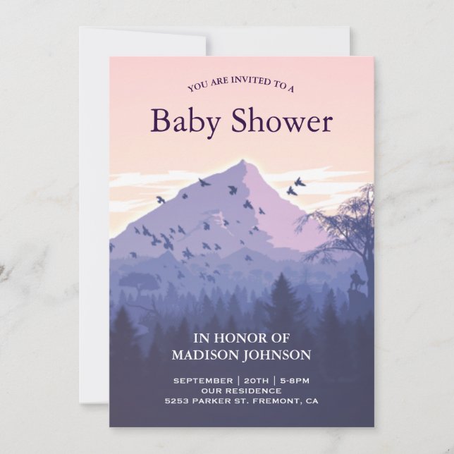 Invitación Baby Shower Bosque Atardecer Montaña (Anverso)