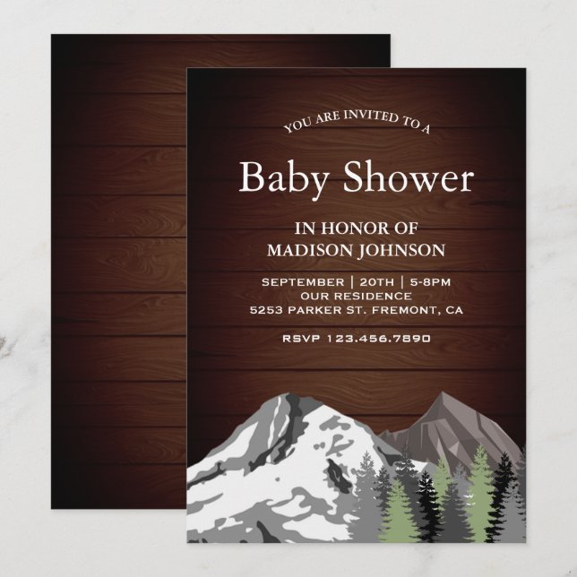 Invitación Baby Shower Bosque De Montaña De Madera Rústica (Anverso / Reverso)