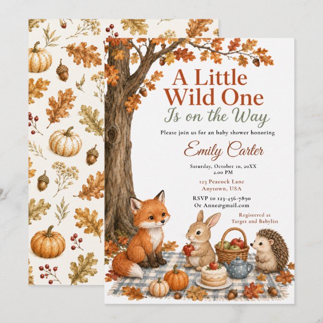 Invitación Baby Shower Bosque de Otoño (Anverso / Reverso)
